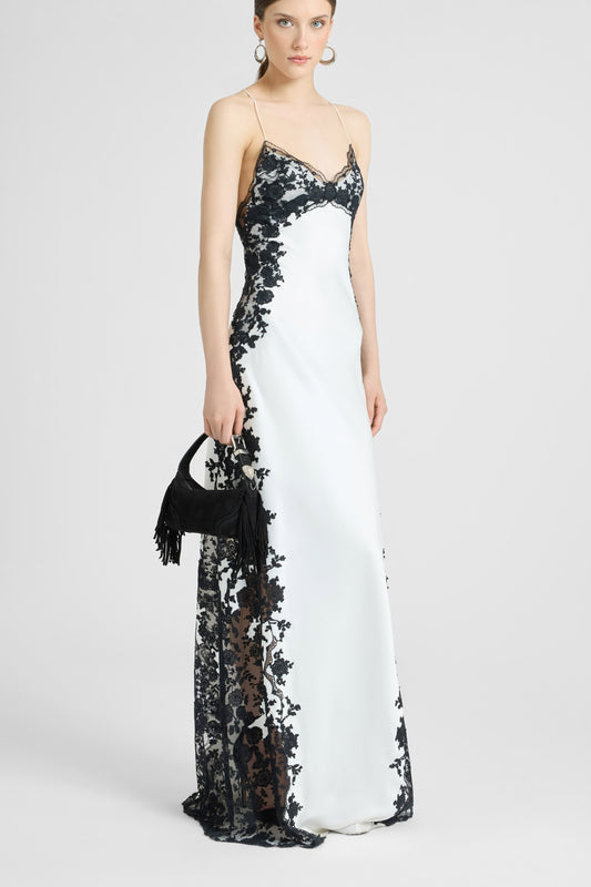 Long lingerie-style dress in pure silk satin with rebrodé lace