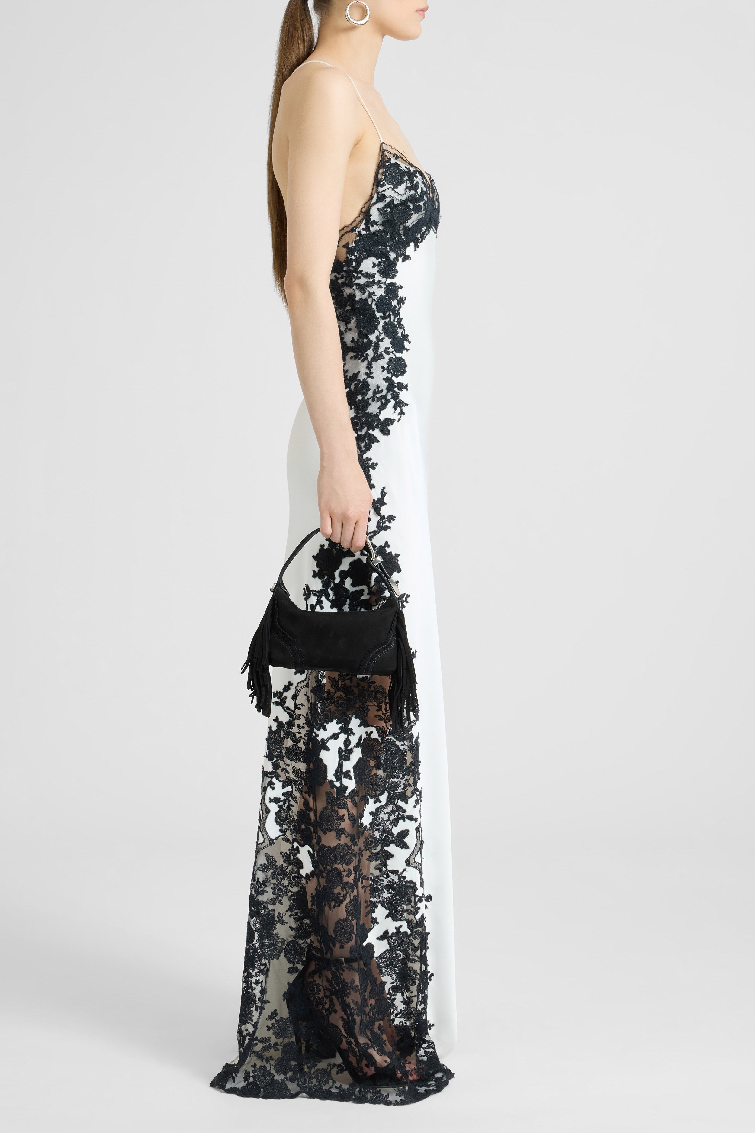 Long lingerie-style dress in silk with black and white lace - Ermanno Scervino Long lingerie-style dress in silk with black and white lace - Ermanno Scervino