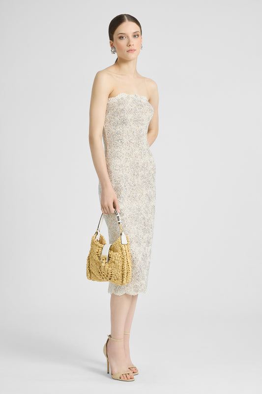 Abito midi bustier in pizzo con cristalli