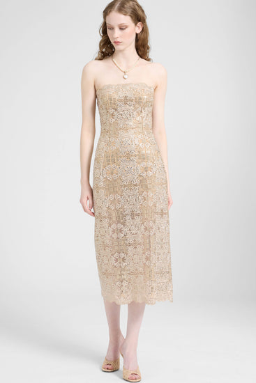 Midi bustier dress in tulle with maiolica embroidery and crystals