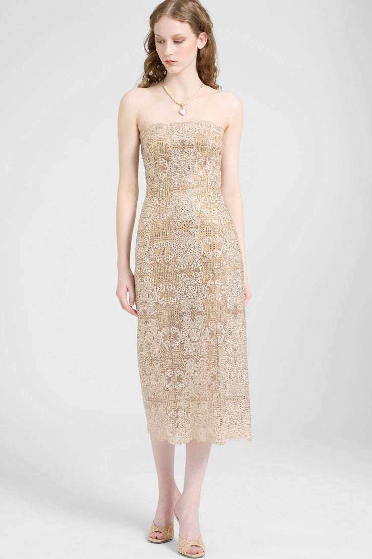 Midi bustier dress in tulle with maiolica embroidery and crystals