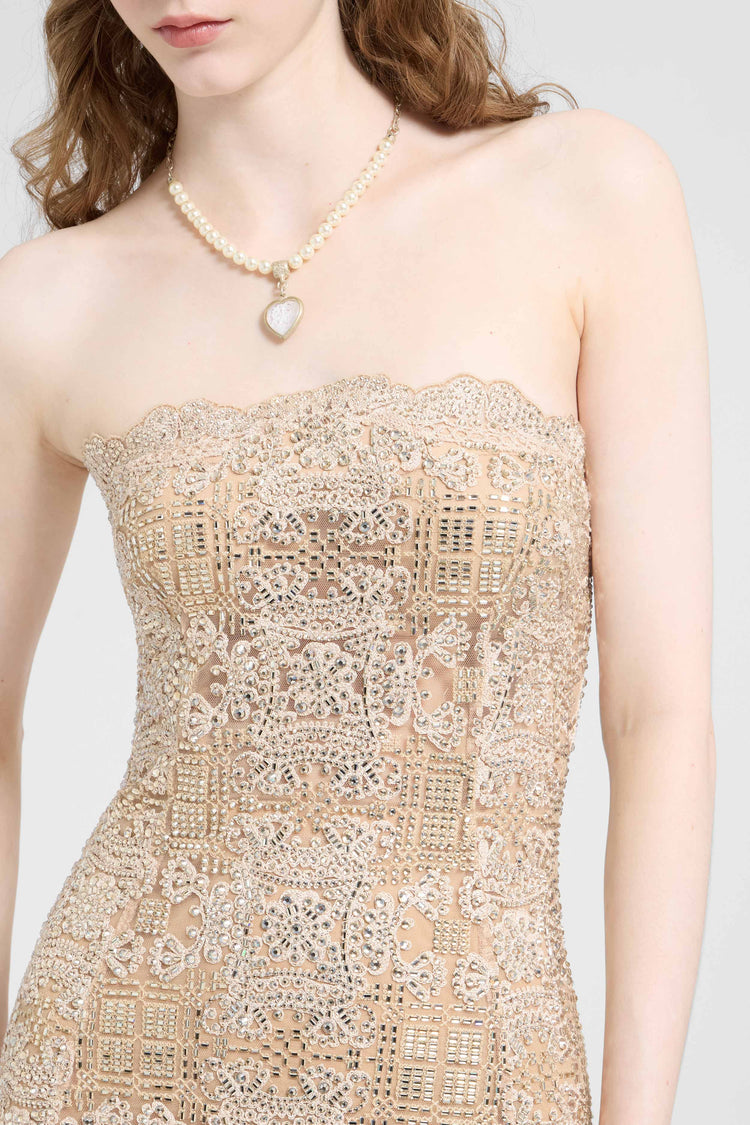 Midi bustier dress in tulle with maiolica embroidery and crystals