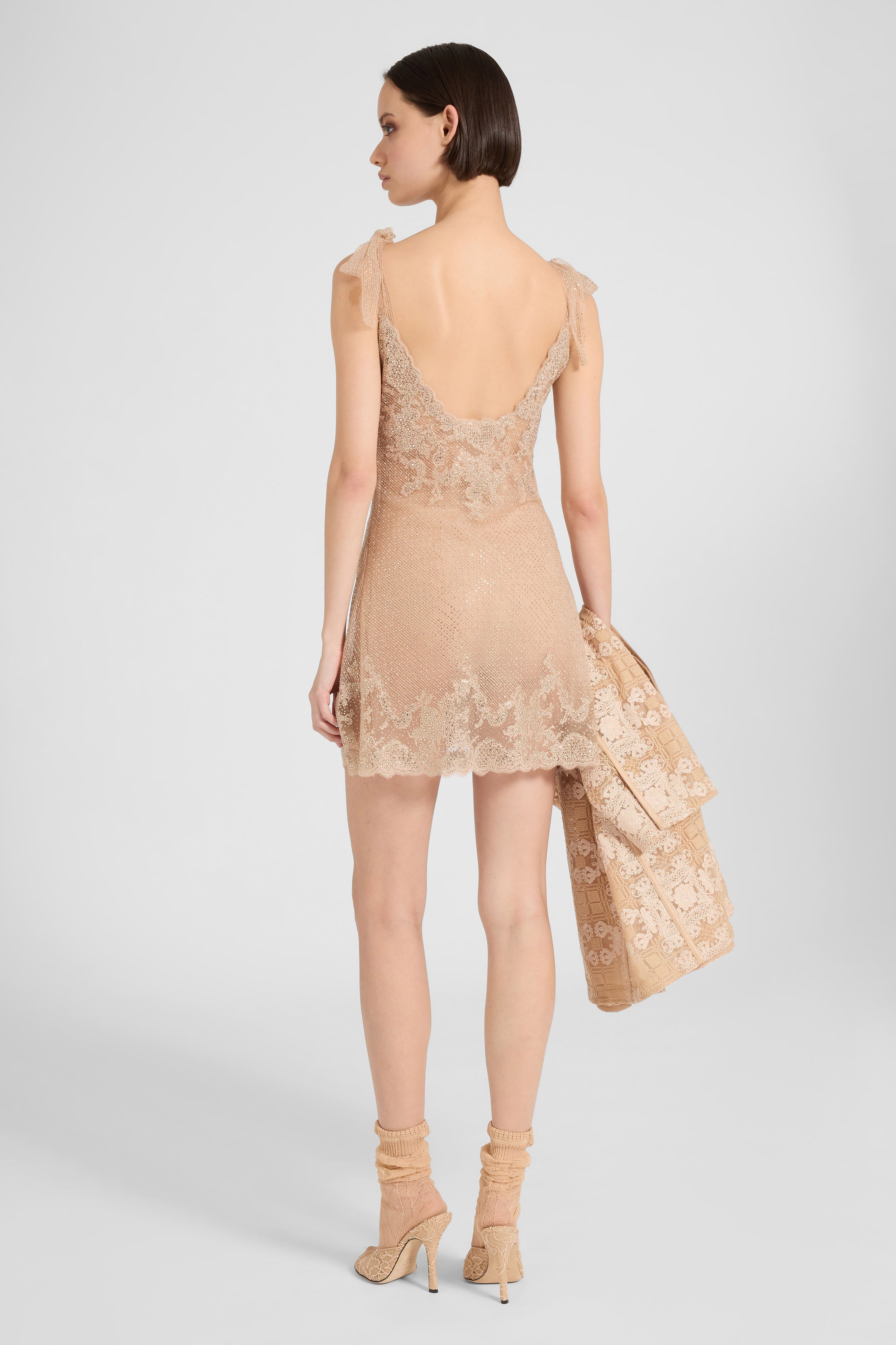 Slip dress in plumetis tulle with crystals and bow straps