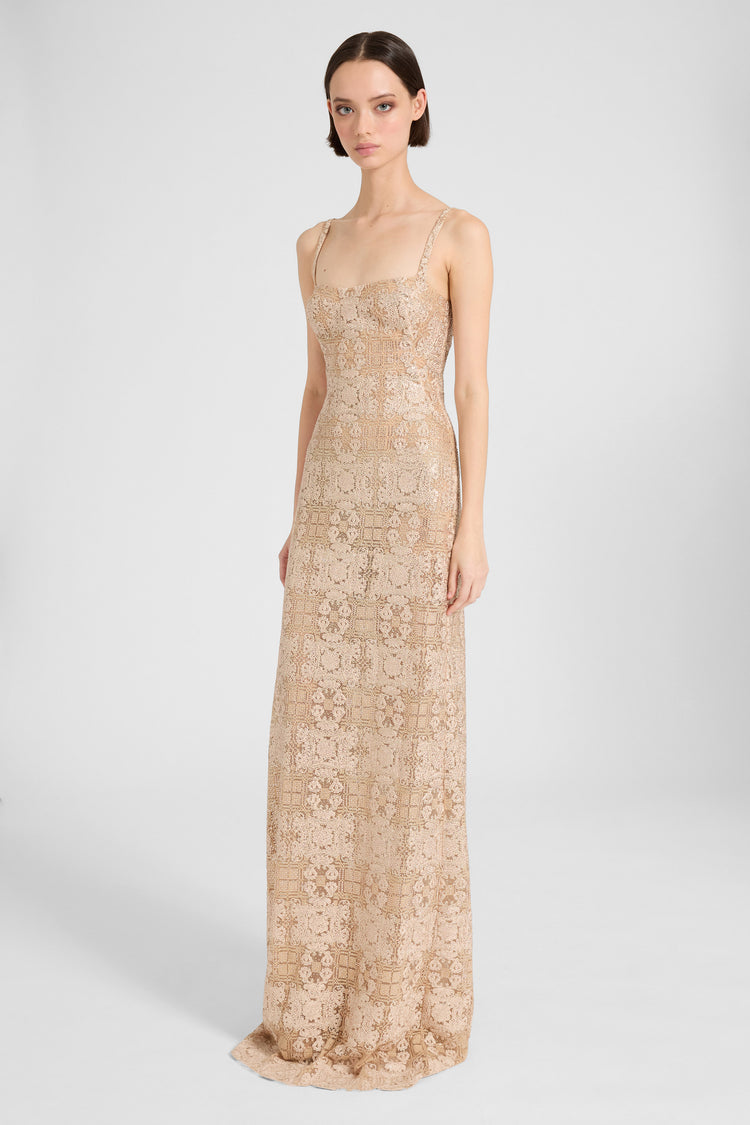 Fitted long dress in maiolica lace with crystals