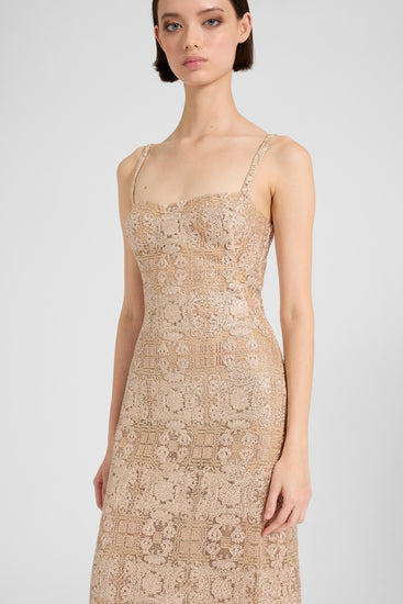 Fitted long dress in maiolica lace with crystals