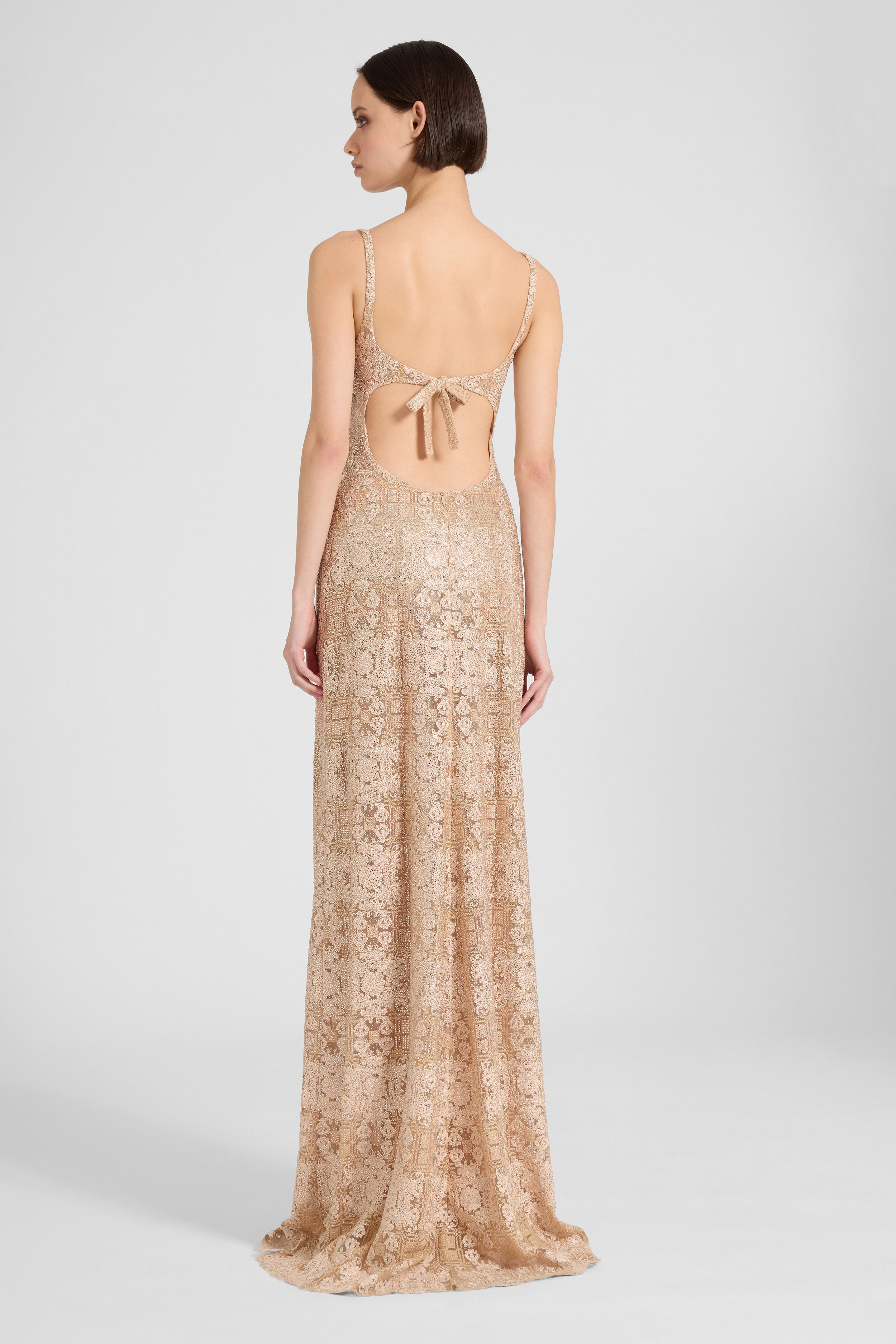 Fitted long dress in maiolica lace with crystals Fitted long dress in maiolica lace with crystals
