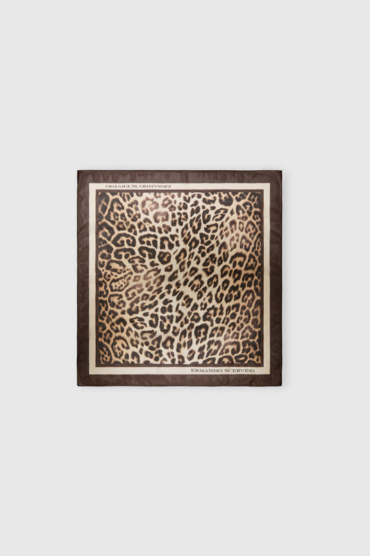 Square silk stole with natural-effect leopard print