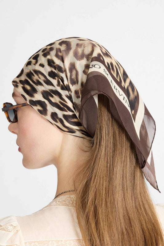 Square silk stole with natural-effect leopard print