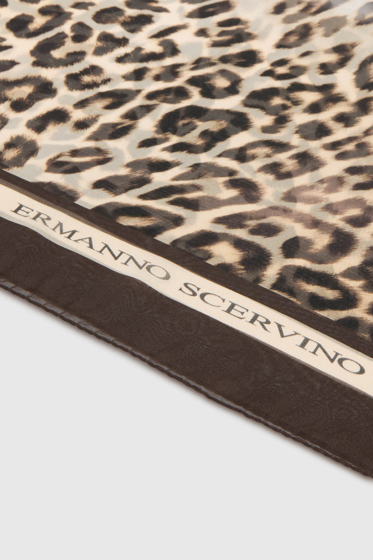 Square silk stole with natural-effect leopard print