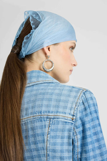 Silk bandana with jeans print and scalloped rebrodé lace trim