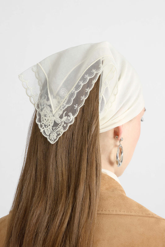 White silk bandana with scalloped rebrodé lace trim