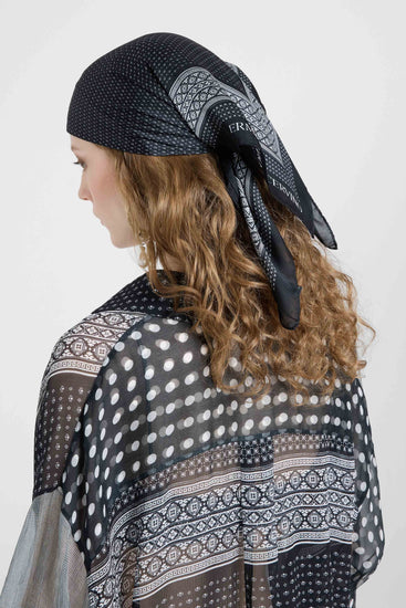 Square silk scarf with black and white bandana print