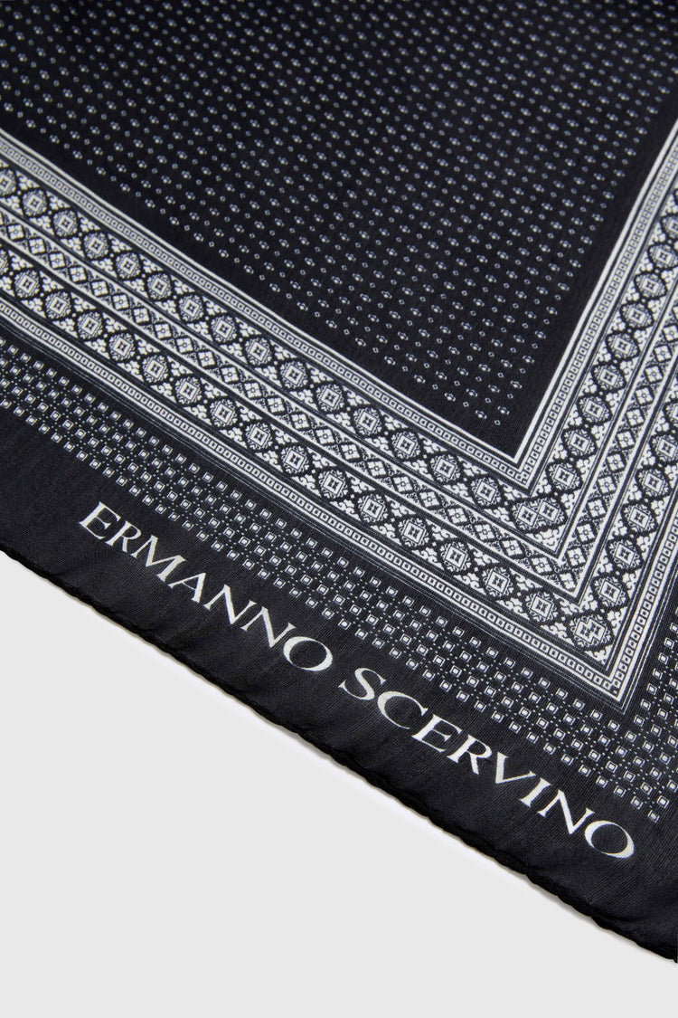 Square silk scarf with black and white bandana print