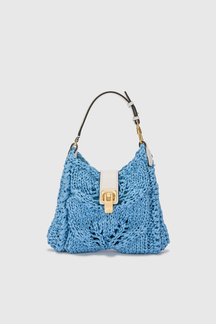Mini hobo bag in powder blue raffia