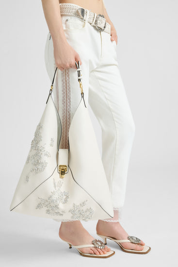 Large hobo bag in calf leather with floral embroidery