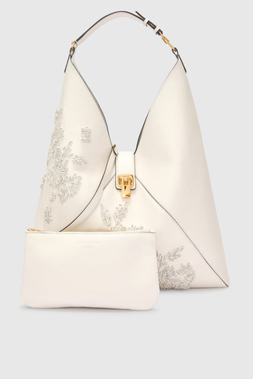 Large hobo bag in calf leather with floral embroidery