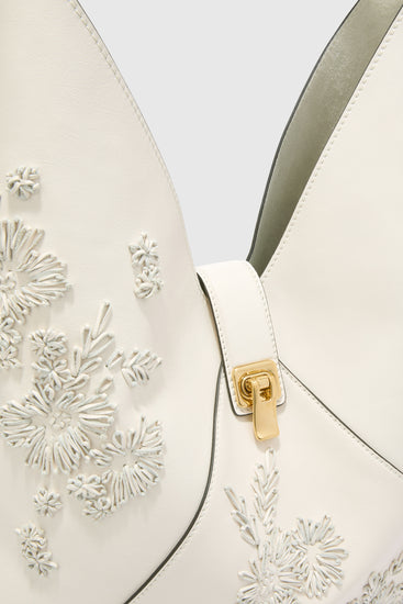 Large hobo bag in calf leather with floral embroidery