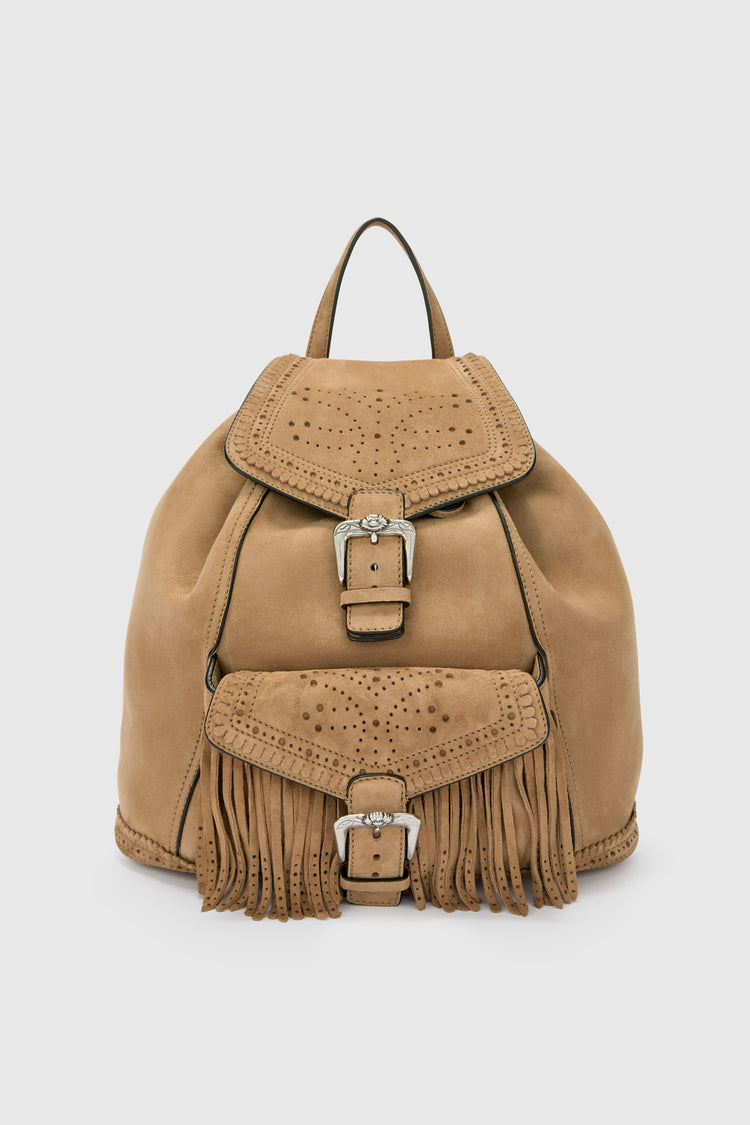 Suede backpack with fringes and perforations