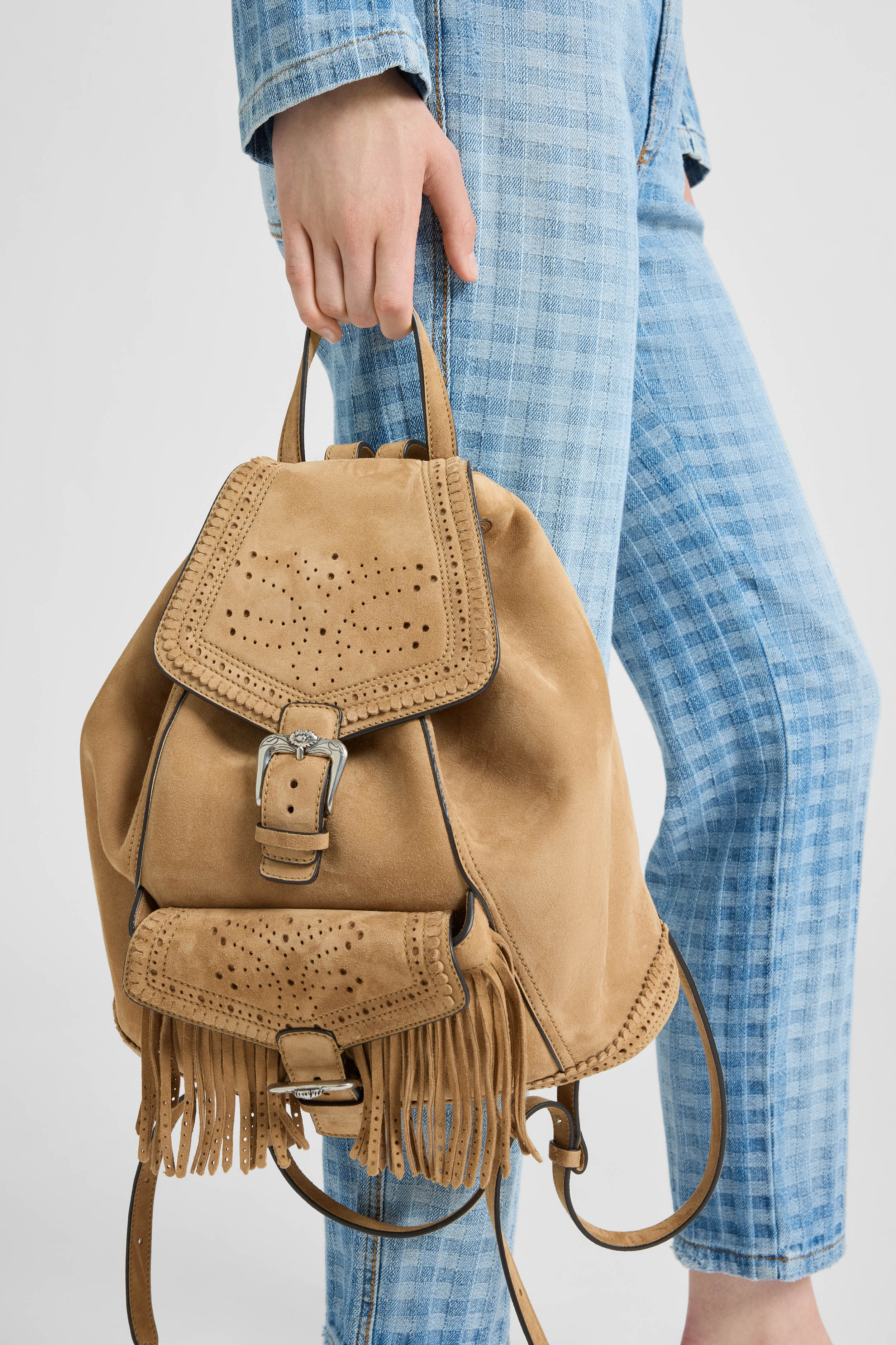 convertible mini julian backpack with fringe Suede Backpack with Fringes and Perforations