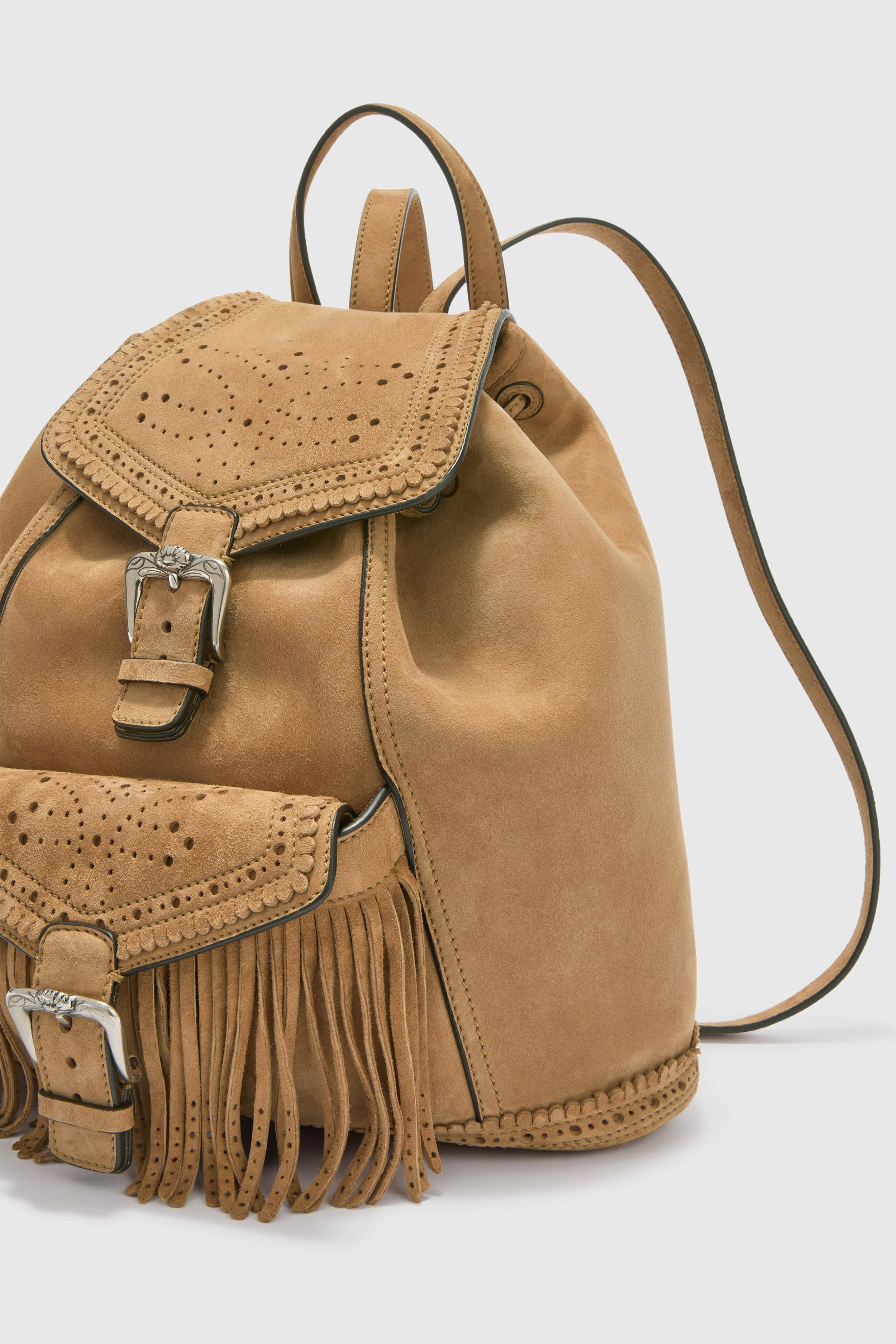 Suede Backpack with Fringes and Perforations