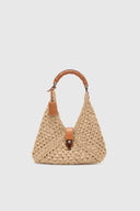Hobo bag in fettuccia di camoscio color mandorla con maniglia bamboo