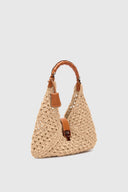 Hobo bag in fettuccia di camoscio color mandorla con maniglia bamboo