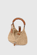 Hobo bag in fettuccia di camoscio color mandorla con maniglia bamboo