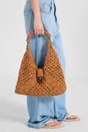 Hobo bag in suede braid color chestnut with bamboo handle