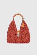 Hobo bag in raffia color leather with bamboo handle