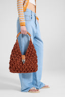 Hobo bag in raffia color leather with bamboo handle