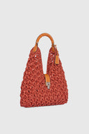 Hobo bag in raffia color leather with bamboo handle