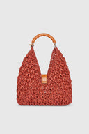 Hobo bag in raffia color leather with bamboo handle