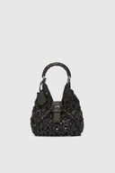 Mini hobo bag in black raffia with bamboo handle
