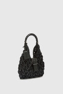 Mini hobo bag in black raffia with bamboo handle