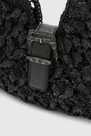 Mini hobo bag in black raffia with bamboo handle