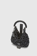 Mini hobo bag in black raffia with bamboo handle