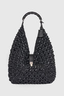 Large hobo bag in black raffia with bamboo handle