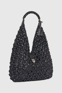 Large hobo bag in black raffia with bamboo handle