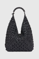 Large hobo bag in black raffia with bamboo handle