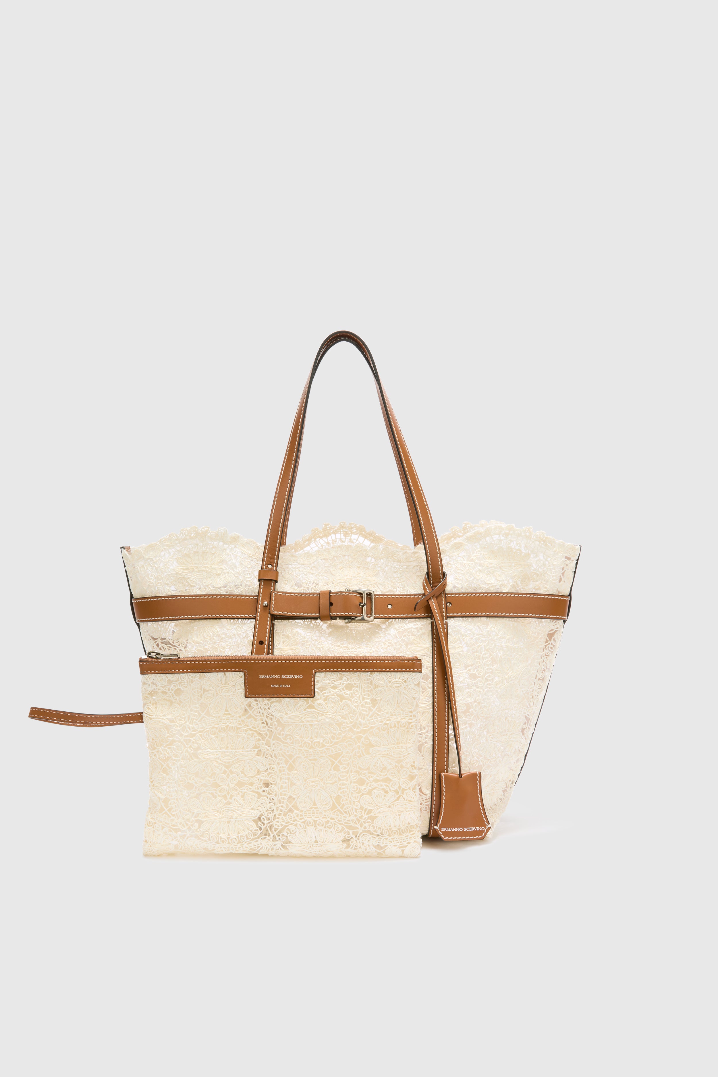 Medium white shopping bag in raffia lace maiolica