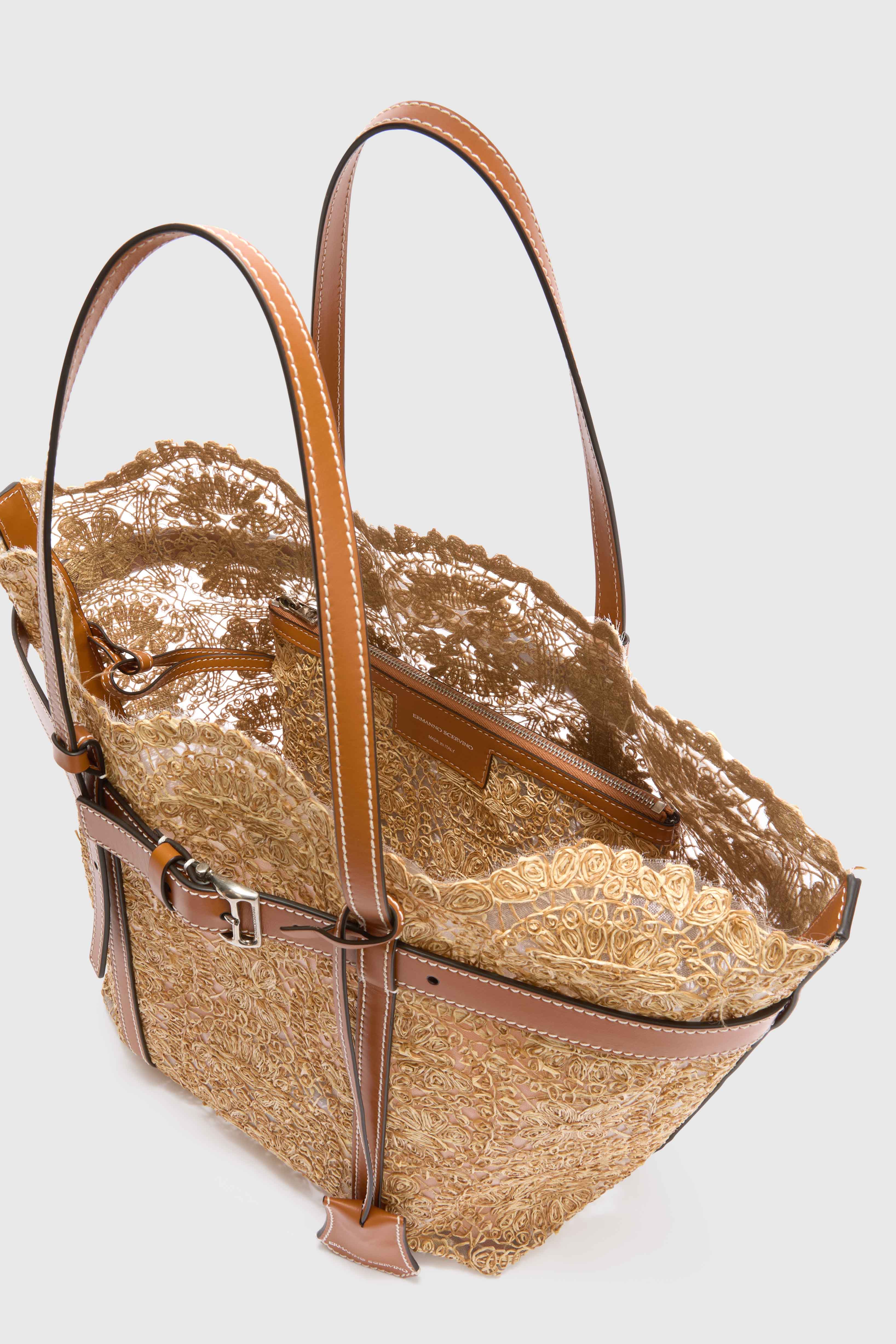 Medium natural shopping bag in raffia lace maiolica