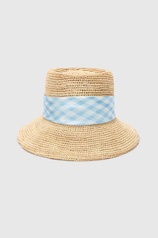 Wide-Brim Hat with Silk Scarf in White and Blue Vichy Print