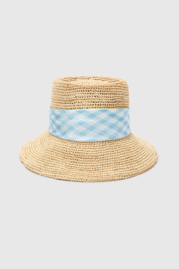Wide-Brim Hat with Silk Scarf in White and Blue Vichy Print