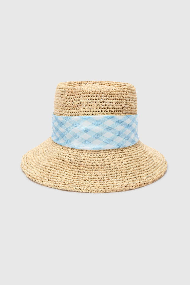 Wide-Brim Hat with Silk Scarf in White and Blue Vichy Print