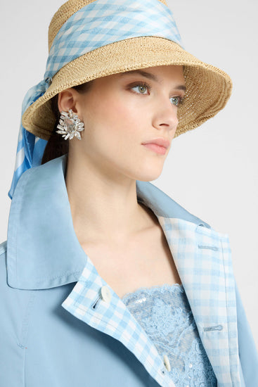 Wide-Brim Hat with Silk Scarf in White and Blue Vichy Print
