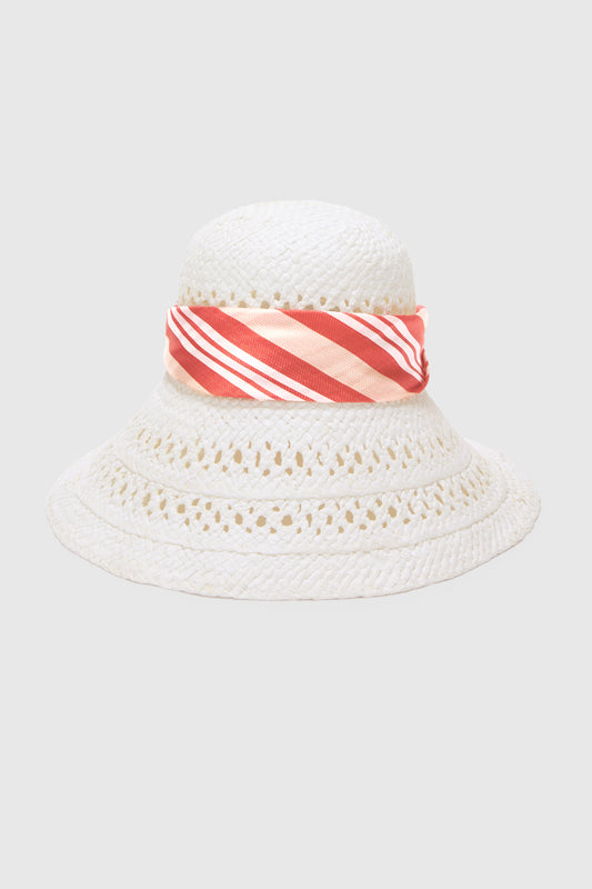 Wide-Brim Hat with Silk Scarf in White and Red Vichy Print