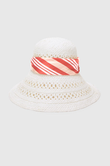 Wide-Brim Hat with Silk Scarf in White and Red Vichy Print