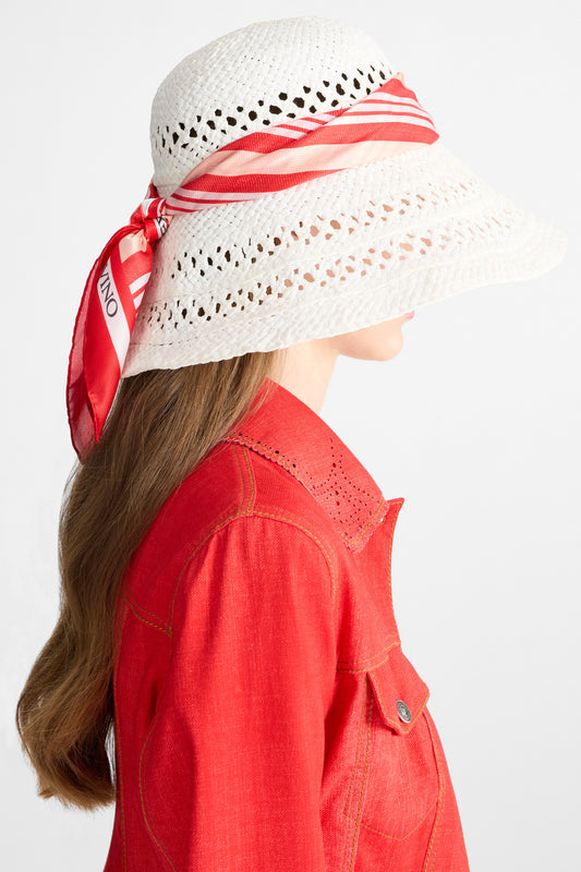 Wide-Brim Hat with Silk Scarf in White and Red Vichy Print
