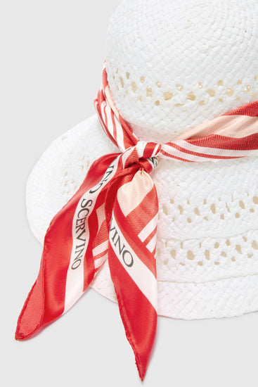 Wide-Brim Hat with Silk Scarf in White and Red Vichy Print