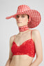 Wide-Brim Hat with Crepe de Chine Silk Scarf Bow in White and Red Vichy Print